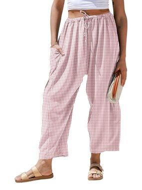 Relaxed Pink Gingham Drawstring Wide-Leg Pants